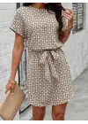 Omarı Geometrik Desenli Kısa Kollu Elbise