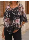 Omarı Asimetrik Kesim Çiçek Desenli Şifon Bluz