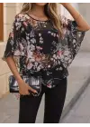 Kadın Kısa Kollu Yuvarlak Yaka çiçek Baskılı Asimetrik Kesim şifon Bluz