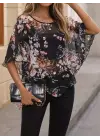 Omarı Asimetrik Kesim Çiçek Desenli Şifon Bluz