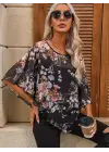 Omarı Asimetrik Kesim Çiçek Desenli Şifon Bluz