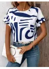 Kadın Kısa Kollu Yuvarlak Yaka Desenli Süprem Bluz