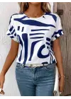 Kadın Kısa Kollu Yuvarlak Yaka Desenli Süprem Bluz