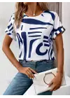 Kadın Kısa Kollu Yuvarlak Yaka Desenli Süprem Bluz