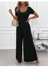 Kadın Kısa Kollu Yuvarlak Yaka Geniş Paçalı Bürümcük Tulum
