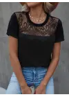 Kadın Kısa Kollu Yuvarlak Yaka ön Dantel Detaylı Viskon Bluz