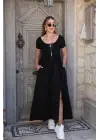 Kadın Kısa Kollu Yuvarlak Yaka önden Yırtmaçlı Cepli Viskon Uzun Elbise