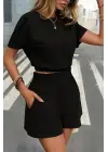 Kadın Kısa Kollu Yuvarlak Yakalı Ithal Keten Bluz Ve Short Ikili Takım