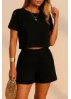 Kadın Kısa Kollu Yuvarlak Yakalı Ithal Keten Bluz Ve Short Ikili Takım