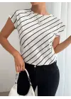 Kadın Kısa Yarasa Kollu Bisiklet Yaka çizgi Desenli Atlas Bluz