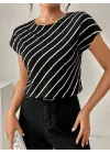 Kadın Kısa Yarasa Kollu Bisiklet Yaka çizgi Desenli Atlas Bluz