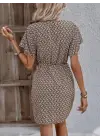 Kadın Kısa Yarasa Kollu önden Kruvaze Yaka Detaylı önden Bağlamalı Desenli Süprem Elbise