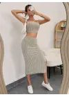 Kadın Kolsuz Askılı Crop Yırtmaçlı Midi Etek Fitilli Kaşkorse Takım