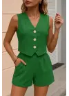 Kadın Kolsuz Askılı V Yakalı önden Düğmeli Ithal Keten Ceket Ve Short Ikili Takım