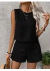 Kadın Kolsuz Bisiklet Yakalı Kısa Bluz Ve Short Ikili Takım