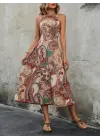 Kadın Kolsuz Etnik Desen Uzun Elbise