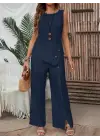 Kadın Kolsuz Düğmeli Asimetrik Detaylı Bürümcük Bluz Ve Pantolon Takım