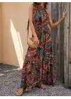 Kadın Kolsuz Halter Yaka Beli Lastikliotantik Desenli Mikro Kumaş Elbise