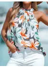 Kadın Kolsuz Halter Yaka Desenli Bluz