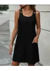 Kadın Kolsuz Kalın Askılı Düğme Detay Cepli Keten Elbise