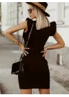 Kadın Kolsuz Omzu Volanlı Bisiklet Yaka Kaşkorse Mini Elbise