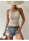 Kadın Kolsuz Sırt Dekolte Detay Askılı Triko Bluz