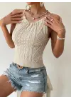 Kadın Kolsuz Sırt Dekolte Detay Askılı Triko Bluz