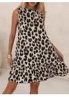 Kadın Kolsuz Sırttan Bağlamalı Fırfırlı Leopar Desenli Süprem Elbise