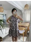Kadın Kolsuz Sırttan Bağlamalı Fırfırlı Leopar Desenli Süprem Elbise