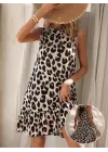 Kadın Kolsuz Sırttan Bağlamalı Fırfırlı Leopar Desenli Süprem Elbise