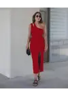 Kadın Kolsuz Tek Omuz Damla Detay JanJan Krep Elbise