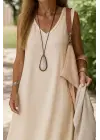 Kadın Kolsuz V Yakalı Maksi Boy Ithal Keten Elbise