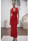 Kadın Kolsuz V Yakalı Uzun Triko Elbise