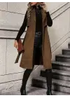 Kadın Kolsuz Yakalı önü Açık Belden Kuşaklı Süet Midi Yelek