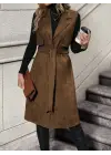 Kadın Kolsuz Yakalı önü Açık Belden Kuşaklı Süet Midi Yelek