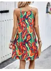 Kadın Kolsuz Yuvarlak Yaka önden çapraz şerit Detay çok Renkli Baskılı Süprem Kısa Elbise
