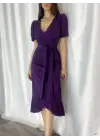 Kadın Kruvaze Yaka Midi Boy Kuşaklı Krep Elbise 120 Cm
