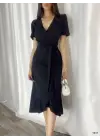 Kadın Kruvaze Yaka Midi Boy Kuşaklı Krep Elbise 120 Cm