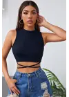 Omarı Lacivert Çapraz Bağlamalı Crop Top Büstiyer