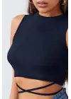 Omarı Lacivert Çapraz Bağlamalı Crop Top Büstiyer