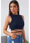 Omarı Lacivert Çapraz Bağlamalı Crop Top Büstiyer