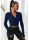 Omarı Lacivert Dik Yaka Crop Top Bluz