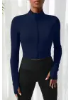 Omarı Lacivert Dik Yaka Crop Top Bluz