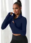 Omarı Lacivert Dik Yaka Crop Top Bluz