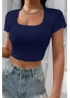Omarı Lacivert Yarım Kol Crop Top Bluz