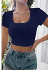 Omarı Lacivert Yarım Kol Crop Top Bluz