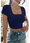 Omarı Lacivert Yarım Kol Crop Top Bluz