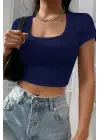Omarı Lacivert Yarım Kol Crop Top Bluz