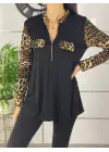 Kadın Leopar Desen Fermuar Detay Viskon Kumaş Bluz