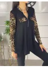 Kadın Leopar Desen Fermuar Detay Viskon Kumaş Bluz